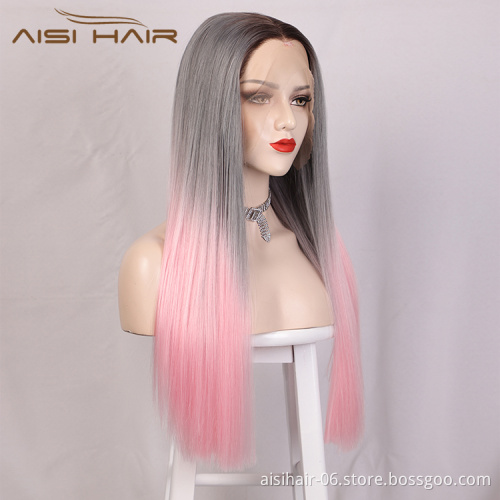 Aisi Hair Wholesale Long Silky Straight Ombre Pink Dark Root Lace Wig Middle Part Synthetic Hair Lace Frontal Wigs For Women